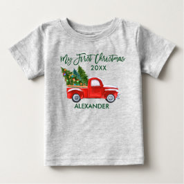 Mein erstes Weihnachts Red Truck Green Script Grau Baby T-shirt