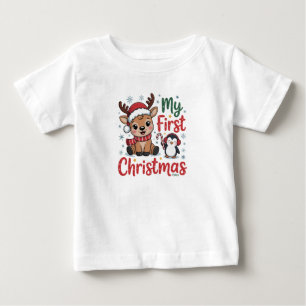 Mein erstes Weihnachts-Rentier-Pinguin mit Datum Baby T-shirt