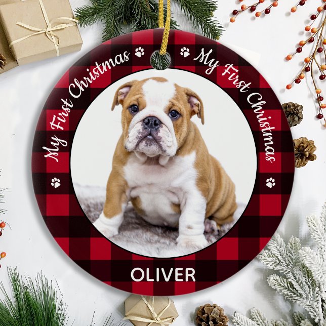 Mein erstes Weihnachts-Roter Karierter Hund Welpen Keramik Ornament (Von Creator hochgeladen)