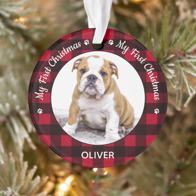 Mein erstes Weihnachts-Roter Karierter Hund Welpen Ornament (Baum)