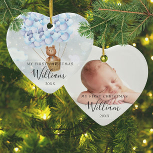 Mein erstes Weihnachts-Teddybär Blau Ballons Foto Keramik Ornament