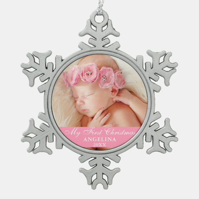 Mein erstes Weihnachtsbaby-Foto Pink Schneeflocken Zinn-Ornament (Vorderseite)