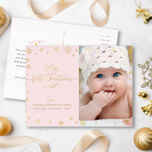 Mein erstes Weihnachtsbaby-Foto Rosa Chic Echtgold Folien Feiertagspostkarte