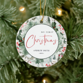 Mein erstes Weihnachtsbaby Pine Berry Wreath Foto Keramik Ornament