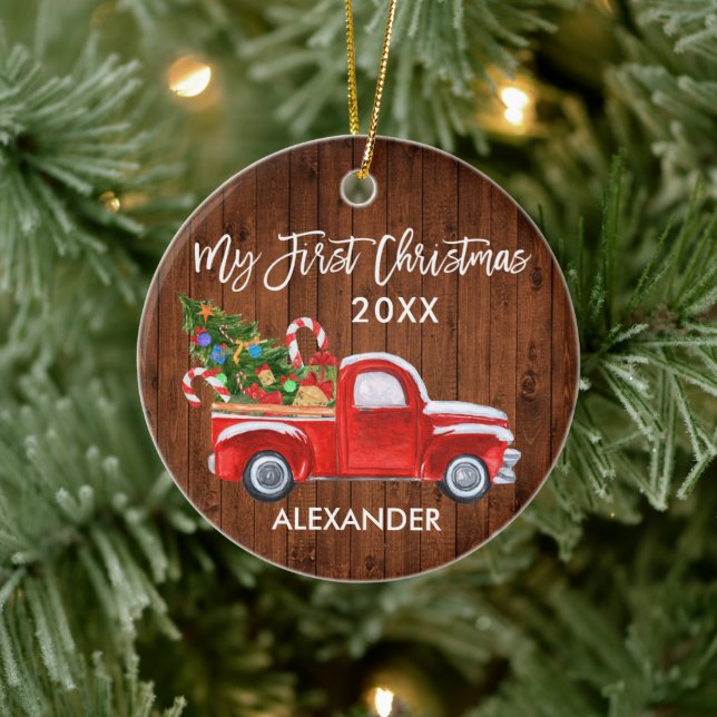 Mein erstes Weihnachtsbaumkandy Canes Red Truck Ba Keramik Ornament (Baum)