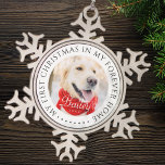 Mein erstes Weihnachtsfest für immer Zuhause Moder Schneeflocken Zinn-Ornament<br><div class="desc">Dieses einfache und klassische Design besteht aus Serifentypografie und fügt ein benutzerdefiniertes Foto hinzu. "Mein erstes Weihnachten in meiner ewig währenden Zuhause" umkreist das benutzerdefinierte Foto.</div>