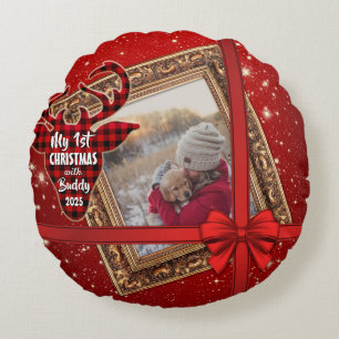 Mein erstes Weihnachtsfest mit Gold Frame Red Boss Rundes Kissen