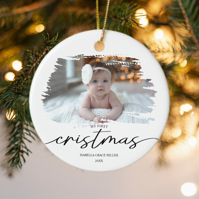 Mein erstes Weihnachtsgeschenk Elegantes Modernes  Keramik Ornament (My First Christmas Elegant Modern Baby Photo Ceramic Ornament)