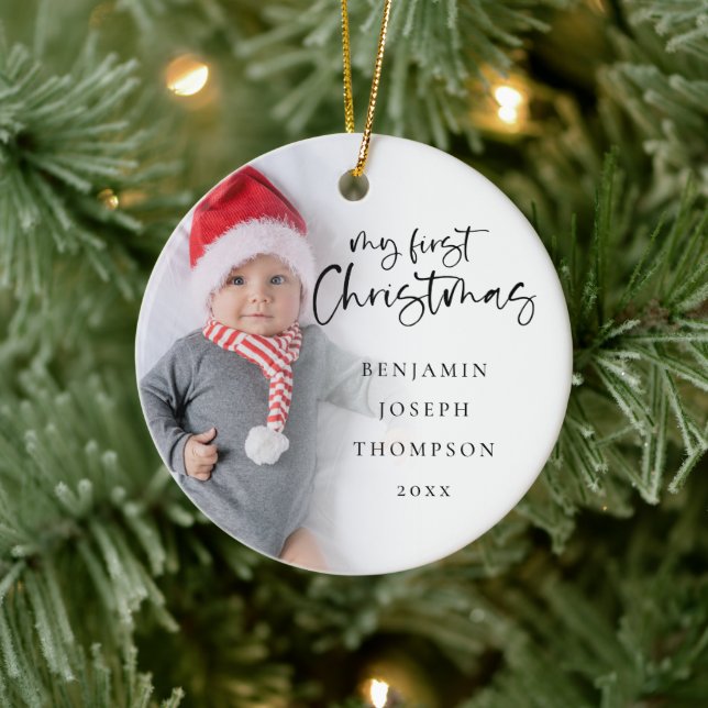 Mein erstes Weihnachtskind Name Jahr 2 Fotos Keramik Ornament (Baum)