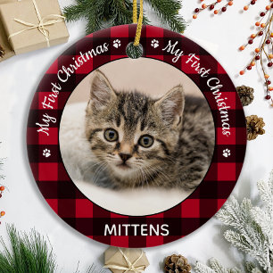 Mein erstes Weihnachtsrot Kariert Chat Kitten Pet Keramik Ornament