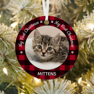 Mein erstes Weihnachtsrot Kariert Chat Kitten Pet Ornament Aus Metall