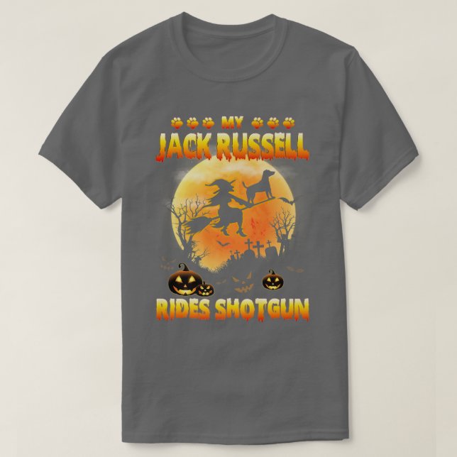 Mein Jack Russell Rides Shotgun Hexe Fly Broomstic T-Shirt (Design vorne)