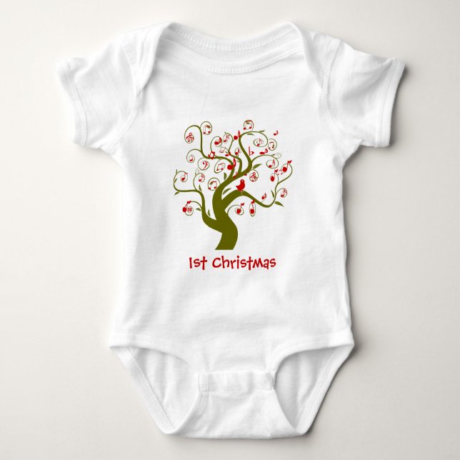 Mein Niedlicher Vogel-Swirl-Baum zu 1. Weihnachten Baby Strampler (Vorderseite)