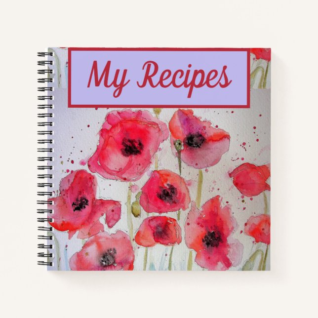 Mein Rezept Buch Mohn Rote Blume Wasserfarben Kuns (Vorderseite)