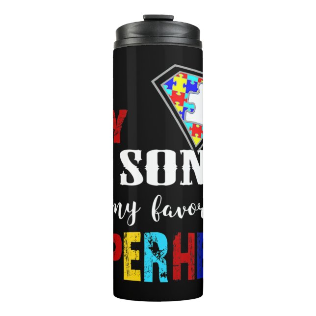 Mein Sohn ist mein Lieblingsheld Autismus Geschenk Thermosbecher (Vorderseite)