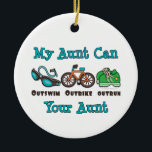 Mein Tantecan Outswim Outbike Outrun Triathlon Keramik Ornament<br><div class="desc">Eine Tante, die ein triathlete wird die Liebe ist, die ihre Nichte oder Neffe tragenden TriathlonstützT - Shirts, Knöpfe und mehr Kleid und Gang mit einem Entwurf eines Paares Schutzbrillen, ein Fahrrad und ein Paar Turnschuhe und die Wörter meine Tante Can Outswim Outbike sieht und holen Ihre Tante über. Klicken...</div>