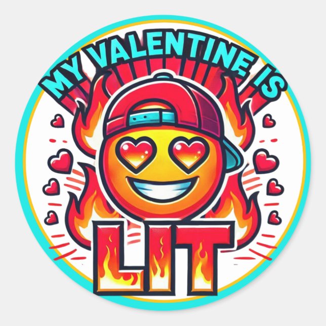 Mein Valentine ist LIT Fun Fire Heart Emoji Runder Aufkleber (Vorderseite)
