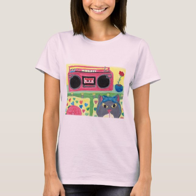 Mein Zimmer Boombox Girl Cat Folk Art Niedlich Tee (Vorderseite)