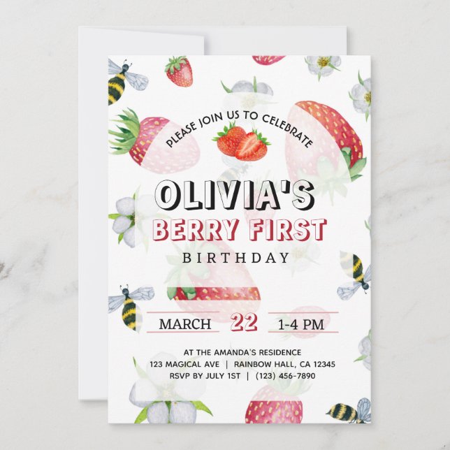 Meine Berry First Birthday Strawberry Birthday Einladung (Vorderseite)
