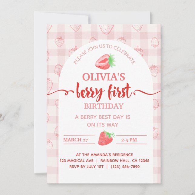 Meine Erdbeerobst Berry First Birthday Einladung (Vorderseite)