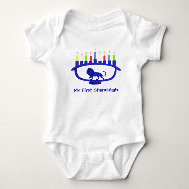 Meine erste Chanukkah Blue Lion Menorah Baby Strampler (Vorderseite)