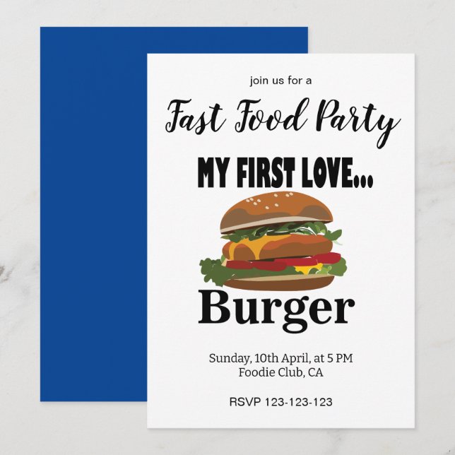 Meine erste Liebe Burger Fast Food Party Einladung (Vorne/Hinten)