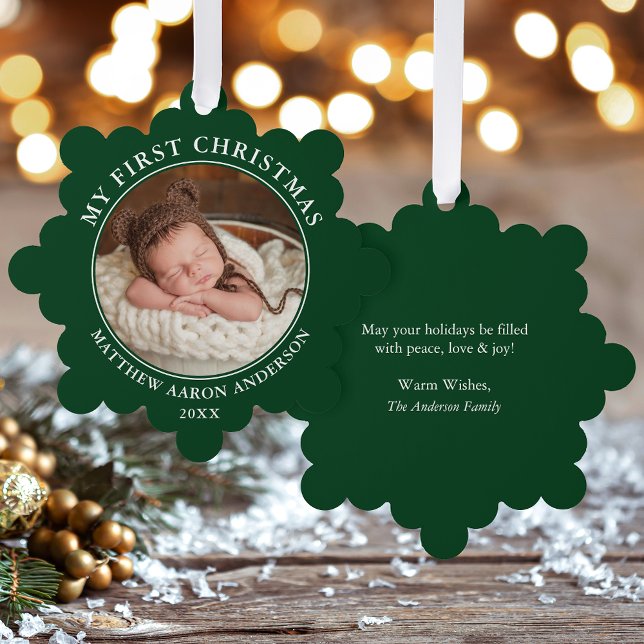 Meine erste Weihnachtskarte für das Foto Green Orn Ornament Karte (A greeting card that is also an ornament! Customize with your photo and personalized text.)
