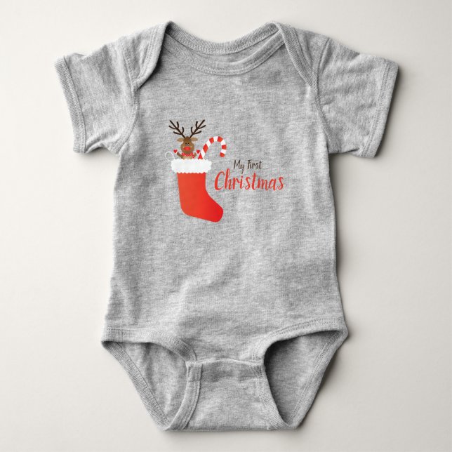 Meine erste Weihnachtsrentiere in einem Strumpf ro Baby Strampler (Vorderseite)