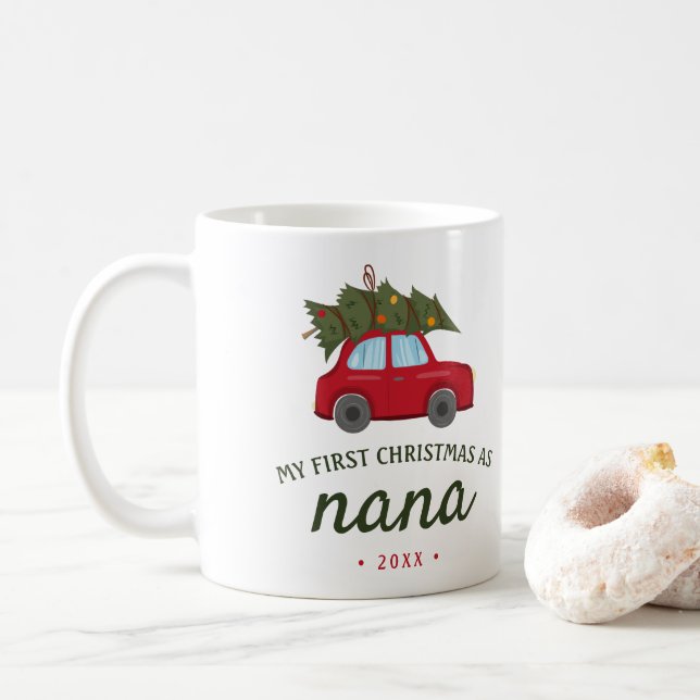 Meine ersten Weihnachten als Nana Red Car Tree Kaffeetasse (Mit Donut)