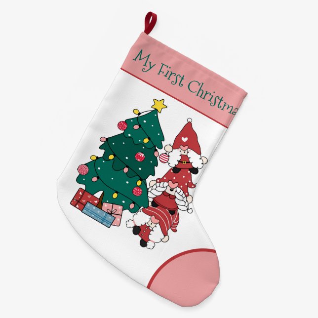 Meine ersten Weihnachten Personalisierten Gnomen Großer Weihnachtsstrumpf (Vorderansicht (hängend))