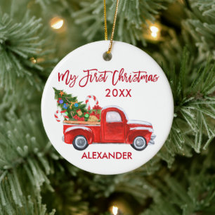 Meine ersten Weihnachts-LKW-Zuckerrohre Baby Rot Keramik Ornament