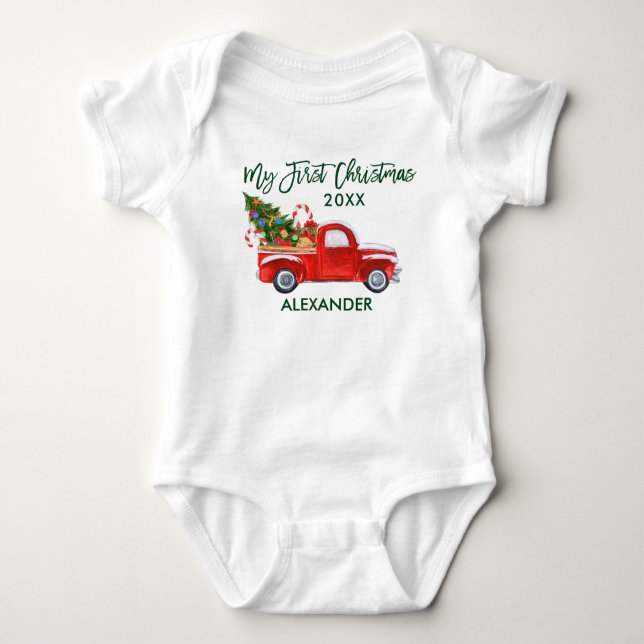 Meine ersten Weihnachts Red Truck Candy Canes Gree Baby Strampler (Vorderseite)