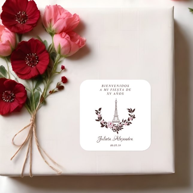 Meine Fünfzehn Jahre Blumen Diseño Paris Quadratischer Aufkleber (Spanish XVs Romantic Paris Inspired Themed Tour Eiffel with Floral Garland Red Roses & Brown.)