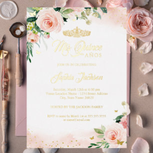 Meine fünfzehn Rosa Gold Blumen Quinceanera Geburt Folieneinladung