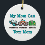 Meine Mama kann Outswim Outbike überholten Keramikornament<br><div class="desc">Eine Mamma, die ein triathlete ist, wird die Liebe, die ihre Sohn oder Tochter tragenden TriathlonstützT - Shirts, Knöpfe und mehr Kleid und Gang mit einem Entwurf eines Paares Schutzbrillen, ein Fahrrad und ein Paar Turnschuhe und Wörter, die meine Mama, sieht Outswim Outbike und Ihre Mama überholen kann. Klicken Sie...</div>