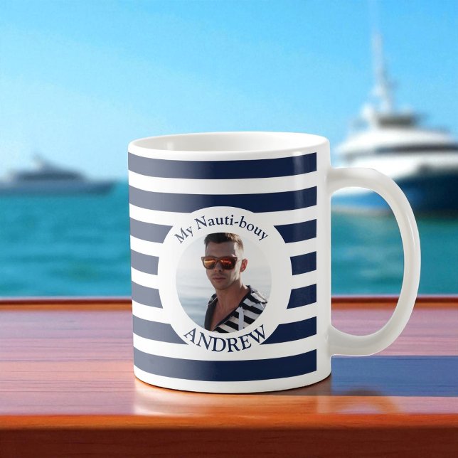 Meine Nauti-Bouy Navy Blue Striped Foto Tasse (Von Creator hochgeladen)