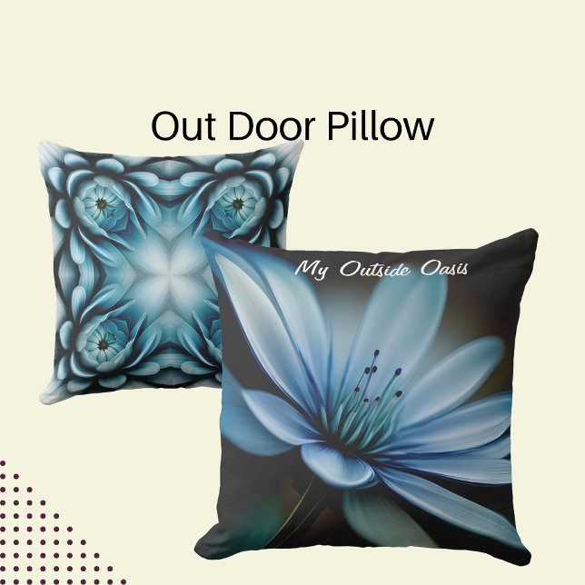 Meine Oase im Freien", blaue Blume auf schwarzem H Kissen (Von Creator hochgeladen)