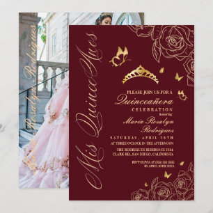 Meine Quinceañera Rot und Gold Blumen Einladung