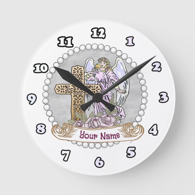 Meine Rose Angel Cross Runde Wanduhr (Vorderseite)