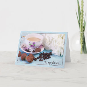 Meinem Freund mit Schokolade, Kaffee und Hortensie Feiertagskarte