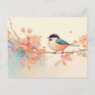 Meise auf rosa blühendem Frühlingszweig Postkarte