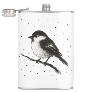 Meise im Schnee – Minimalistischer Wintervogel auf Flachmann