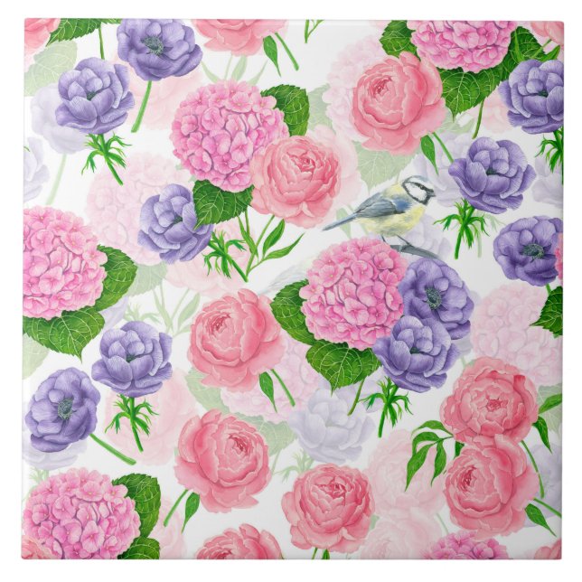 Meise und Blumen Fliese (Vorderseite)