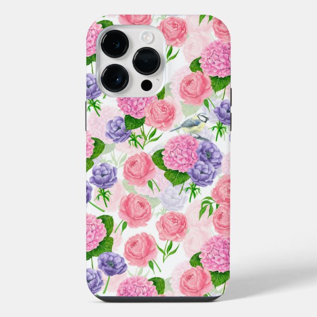 Meise und Blumen iPhone 14 Pro Max Hülle (Rückseite)