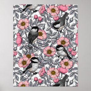 Meisen im wilden Rosenstrauch, rosa und grau Poster