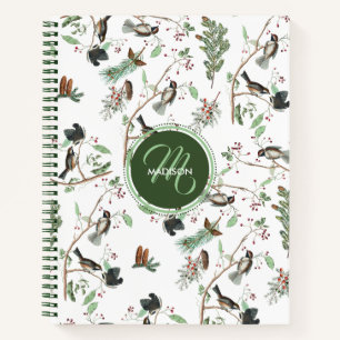 Meisen Vögel Beeren & Zapfen Monogramm Notizbuch