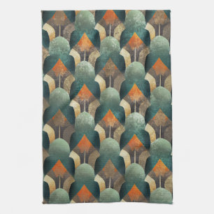 Melancholische Art Deco Türkis- und Holzkohlegeome Geschirrtuch