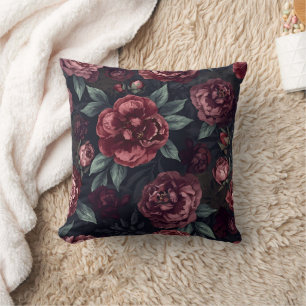 Melancholische Blumen Watercolor Dunkelrotes Muste Kissen