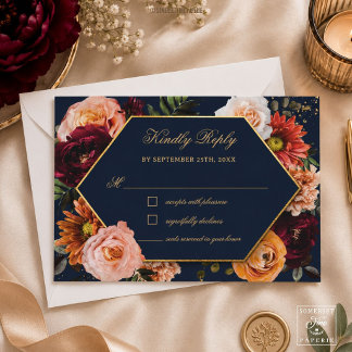 Melancholische Burgunderorange-Rost-Navy-Blumenhoc RSVP Karte