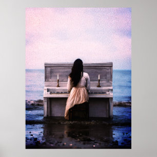 Melancholische Frau Piano am Meer Poster
